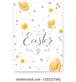 Easter decorative poster with handwritten greetings text. Doodles and sketches of easter signs. Easter eggs, gold stars and pearls in abstract pattern. Vector greetings card for Church holidays.