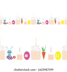 Easter decorative seamless borders set in vector. Easter decoration with easter bread, eggs, rabbit and carrot