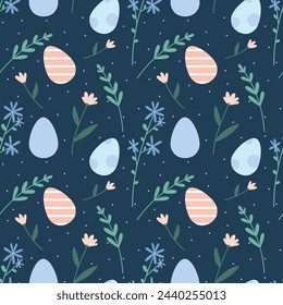 Easter delicate pattern with painted eggs and plant branches on a blue background