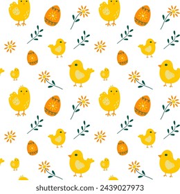 Easter delicate seamless pattern with cute yellow chicks and eggs, flowers isolated on white background. Vector doodle pattern for easter decoration.