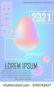 Easter design 2021. Holographic egg with blue background. Trendy futuristic concept for posters. Retrowave style template. Vector illustration in pastel colors with abstract geometric decor