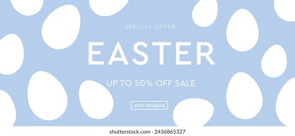 Easter Design for Advertising, Web, Social Media, Poster, Banner, Cover. Modern Vector Illustration with White Eggs. Sale Offer 50%. 3d Geometric Background Art 90s.