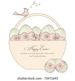 easter design with a basket full of eggs with a place for your text message, vector