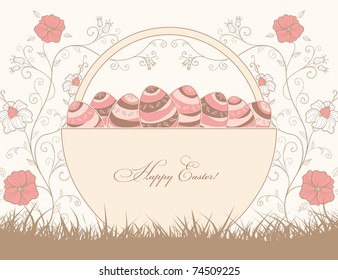 easter design with a basket full of eggs with a place for your text message, vector