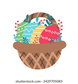 Easter design. Basket with painted Easter eggs. Vector illustration in flat style.