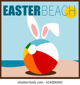 Easter design with beach ball on the sand with bunny ears
