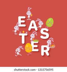 Easter design with the big word EASTER, funny tiny bunnies and colored eggs on a red background, flat festive background suitable for web and print, vector illustration