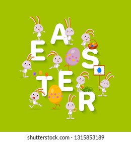 Easter design with the big word EASTER, funny tiny rabbit and colored eggs on green background, flat festive background suitable for web and print, vector illustration
