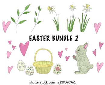 Easter design bundle with hand-drawn graphic elements in color. Cute little rabbit at egg hunting, narcissus flowers, hearts, and branches.