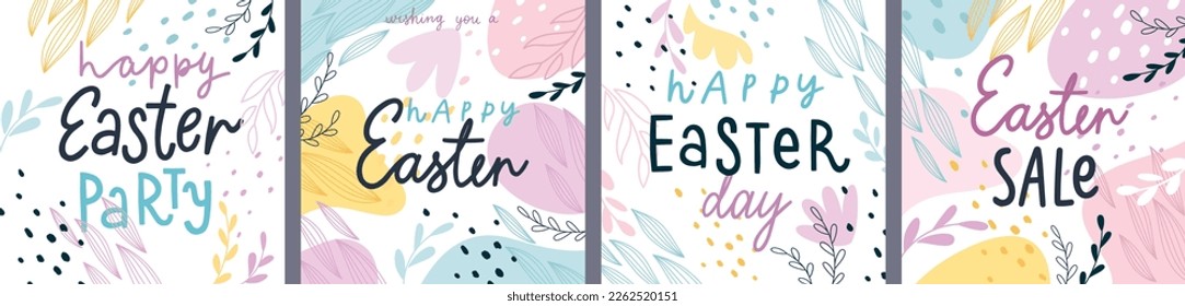 Easter design cards, floral prints with lettering and eggs and other elements, abstract posters. Vector illustration.