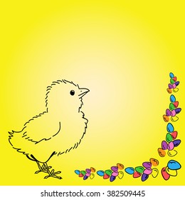 Easter design, chicken and easter eggs, colorful background.
