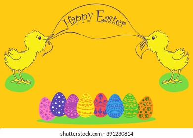 Easter design, chicken and easter eggs, colorful background.