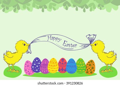Easter design, chicken and easter eggs, colorful background.