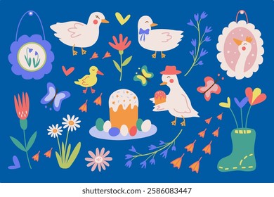 Easter design collection of cute geese, ducks, frames, Easter cakes, Easter eggs, flowers, butterflies. Vector illustration with elements of a spring holiday.