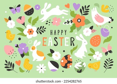 Easter design collection. Vector cartoon illustration in a modern flat simplified style of rabbits, flowers, chickens, and Easter eggs creating trendy pattern. Isolated on light green background