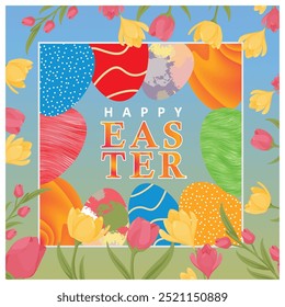Easter design with colorful eggs and spring flowers. Traditional spring religious celebration. Easter 2025 concept. Flat vector illustration.