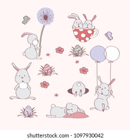 Easter design with cute banny and other elements, hand drawn illustration