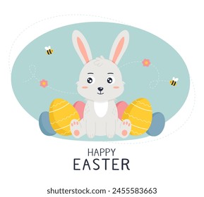 Easter design with cute banny and text. Colored Easter eggs. Vector illustration