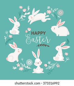 Easter design with cute banny and text, hand drawn illustration 