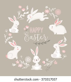 Easter design with cute banny and text, hand drawn illustration 