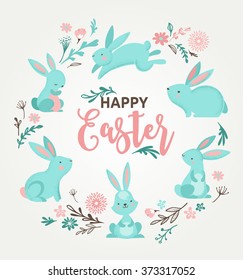 Easter design with cute banny and text, hand drawn illustration 