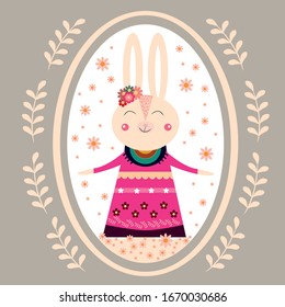 Easter design with cute bunny and flowers. Vector rabbit.