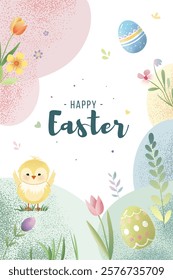 Easter design with cute chick in pastel colors and text. Happy Easter frame. Poster, greeting card, banner. 