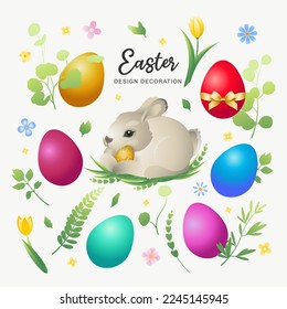 Easter design decoration set. Eggs, bunny, leaves, tulips, flowers, branches. Vector illustration perfect for holiday decoration and spring greeting cards