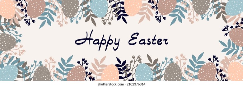 Diseño de Semana Santa con huevos y flores en tonos pastel. Afiche horizontal. Feliz texto de saludos de Pascua. Diseño para el título del sitio ,banner, afiche, tarjeta, papel impreso, postal, fondo