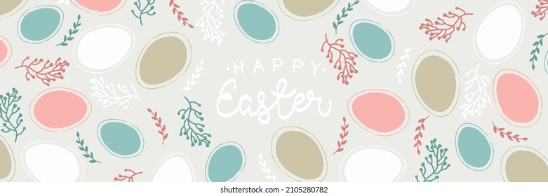 Easter design with eggs and flowers in pastel colors. Horizontal poster. Happy Easter greetings text. Design for title for the site ,banner, poster, card, paper print, postcard, background