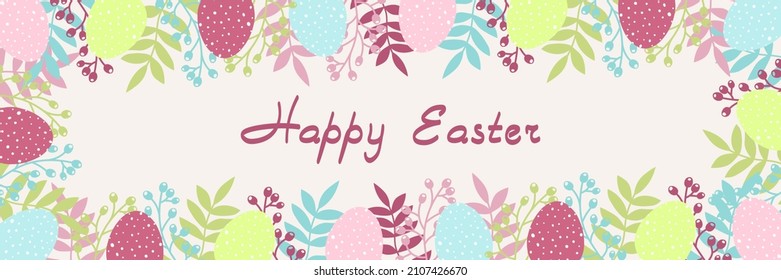 Easter design with eggs and flowers in pastel colors. Horizontal poster. Happy Easter greetings text. Design for title for the site ,banner, poster, card, paper print, postcard, background