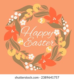 Easter design with elegant flowers. Cute vector illustration of floral wreath and easter egg. Playful concept for seasonal poster or greeting card