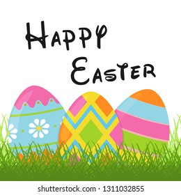Easter design element for greeting card with colorful Easter eggs on green grass. Template for Easter banner design. Isolated on white. Vector illustration.