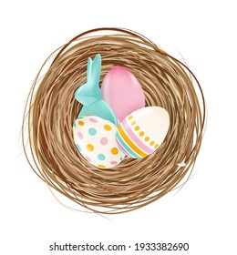 Easter Design Element Nest with Eggs and bunny. Vector Illustration EPS10