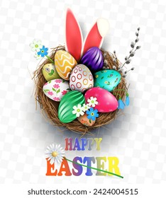 Easter design element, nest with eggs, bunny ears, willow twig.