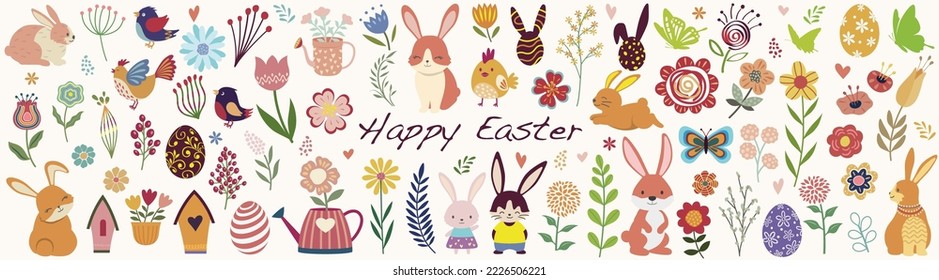 Easter Design Element Vector Illustration Set Isolated On A Plain Background.