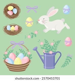 Easter design elements. Bunny, pink flowers, colourful eggs, easter basket with eggs flowers and green leaves, bird nest with eggs, watering can with flowers. Vector Easter collection.