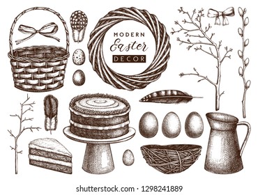 Easter design elements collection. Shabby Chic style. Spring holiday set. Hand drawn eggs, jar, feathers, basket, carrot cake, tree twigs, wreath. Perfect for greeting cards or invitions, posters.