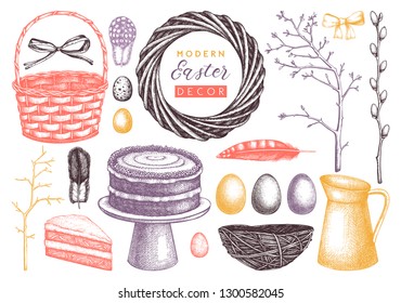 Easter design elements collection. Shabby Chic style. Spring holiday set. Hand drawn eggs, jar, feathers, basket, carrot cake, tree twigs, wreath. Perfect for greeting cards or invitions, posters.