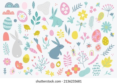 Easter design elements - egg, bunny, chicken, dragonfly, carrot, flowers, tulip, bugs, leaves, berries, abstract shapes. Perfect for spring and summer holidays. Vector illustration