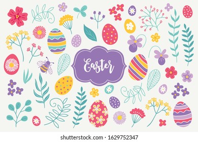Easter design elements - flowers, bee, eggs, daisy, violet, leaves, branches, herbs isolated on white background. Perfect for holiday greeting cards, spring and summer invitations