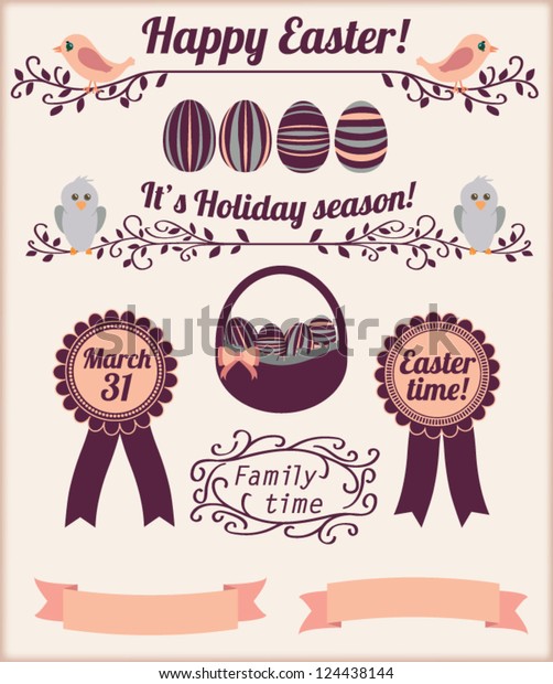 Easter design elements for page layout decoration\
with various eggs, birds and labels isolated on light background -\
Vector Set