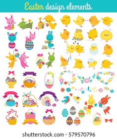 Easter design elements with rabbit, chick, spring flower, egg. Vector illustration.