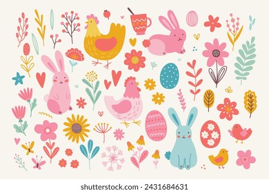 Elementos de diseño de Pascua - conejo, gallina, pollo, mariposa, huevo, hojas, taza, flor, hojas, baya, corazón. Perfecto para vacaciones de primavera y verano. Ilustración de vector