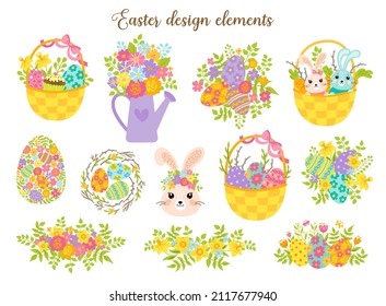 Easter design elements set. Basket with eggs, bunnies, carrot; watering can with flowers, floral arrangements, nest with eggs. Vector illustration.