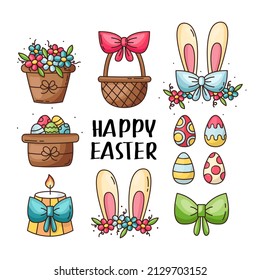 Easter design elements set. Basket with eggs, rabbit ears with flowers, Easter eggs. Lovely decorations for Easter. Vector elements.