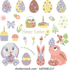 Easter Design Elements Set. Easter cake, eggs, flowers, branches, bows, candles.