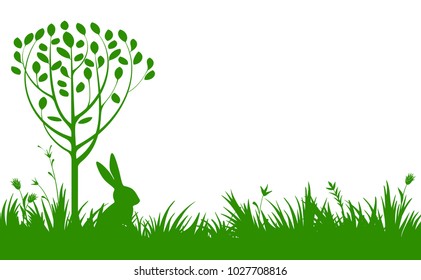 Easter design elements with silhouette of spring grass and rabbit isolated on white background. Vector Illustration.