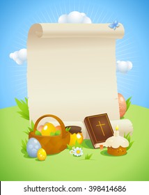 Easter design with empty paper roll against spring  landscape with bible, basket and colored eggs, pastry, honey and flowers