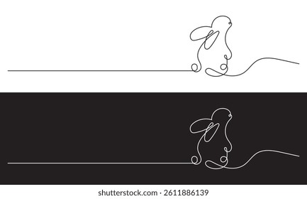 Easter design featuring rabbits and plants drawn with one continuous line. Vector for websites, mobile interfaces, presentations, banner, visual branding etc. Vector illustration. EPS 10